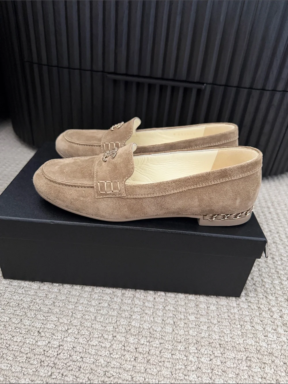 CHANEL Beige Suede CC Logo Loafers